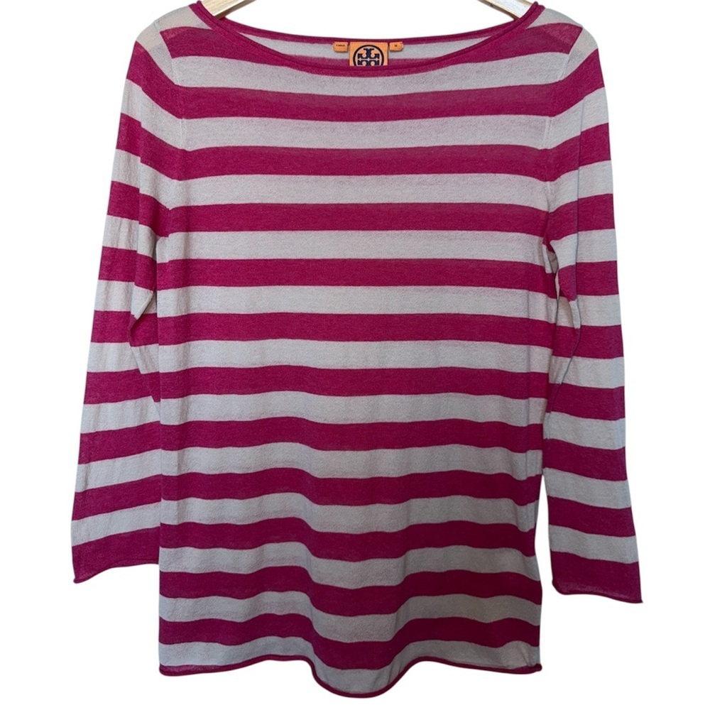 TORY BURCH Striped Boatneck Sweater Lightweight Long Sleeve Pink + Beige Medium
